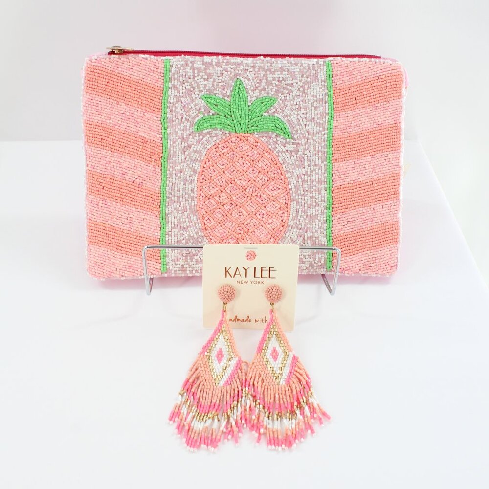 FREE EARRINGS - KAYLEE Peach/Pink Pineapple Beaded Zip Tp Clutch Crossbody NWT
